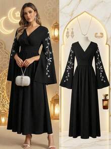 Ellevyn Đầm dài tay thêu cổ chữ V màu đen thanh lịch dành cho nữ, đầm tay dài sang trọng, đầm mùa xuân hè, đầm tay dài che bụng, đầm ngày Valentine, đầm lễ hội, đầm đính đá cho nữ, đầm đen thanh lịch, đầm đen đi nhà thờ, đầm đen cỡ lớn cho nữ, áo Abaya cao cấp cho nữ, áo Abaya đen, đầm tay dài thanh lịch, đầm dạ hội cao cấp cho nữ, đầm sang trọng, đầm tay đính cườm thủ công, đầm kín đáo. - màu đen - Xem 14