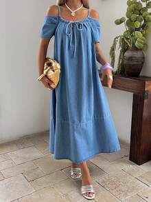 DAZY Women's Summer Spaghetti Strap Off-Shoulder Dress, Loose Straight Casual Denim Dress - Medium Wash - View 3