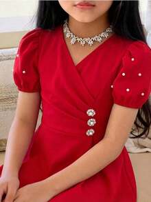 SHEIN Vestido largo de manga corta con cuello en V rojo, con hebilla de metal y cuentas, adecuado para reuniones al aire libre y fiestas para niñas preadolescentes - Rojo - Ver 3