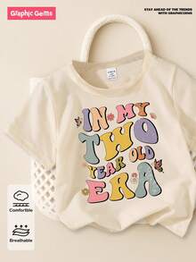 SHEIN GraphicGems Baby Girl Fashion Cute Cartoon Slogan Graphic Print Casual Short Sleeve T-Shirt - Apricot - View 1