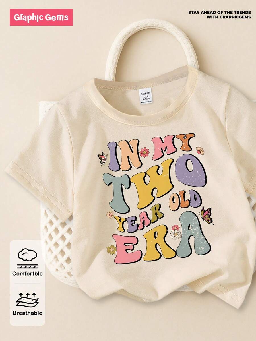 SHEIN GraphicGems Baby Girl Fashion Cute Cartoon Slogan Graphic Print Casual Short Sleeve T-Shirt - Apricot - View 1