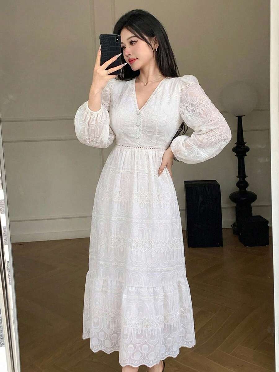 DAZY 纯色提花收腰A字裙摆喇叭袖优雅度假连衣裙，适合女士，春秋季 - 白色 - 查看 1