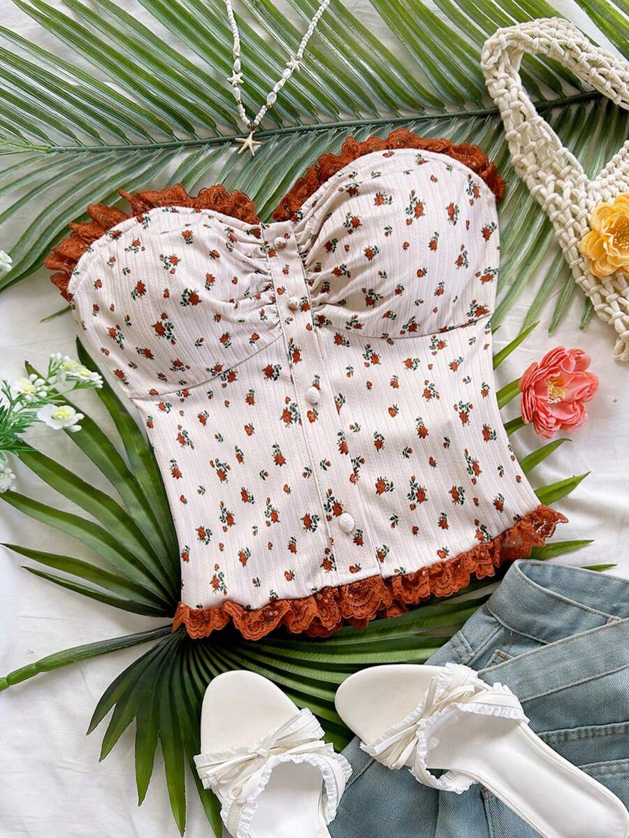 Soleia White Casual Textured Fabric Ruffle Trim Bustier Top, Suitable For Vacation, Beach, Summer, Boho - Multicolor - View 1