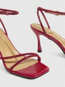 CUCCOO SZL Sandalias de tacón alto cuadradas con rhinestones dorados de moda para mujer, adecuadas para ir al trabajo, citas y fiestas, ideales para Navidad - Rojo 2 - Ver 5