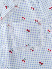 2 Stücke/Set Mädchen Kirsch-Muster karierte Woven Bubble Stoff Kurzarm Strickjacke & Hose, weich und bequem, Schlafanzug, perfektes Geschenk für Tween-Mädchen - Babyblau - Übersicht 5