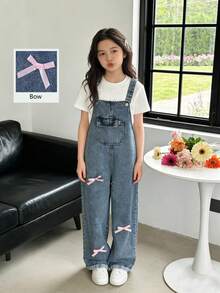 SHEIN ChillGRL 少女Y2K风格牛仔背带裤，百搭休闲宽松直筒牛仔裤，饰有蝴蝶结，适合春、夏、秋、冬四季穿着。 - 中等水洗藍 - 查看 9