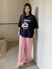Dazy Plus Plus Size Women Casual Cartoon Print Loose Fit Short Sleeve Top And Solid Color Straight Leg Pants Pajama Set - Pink - View 5