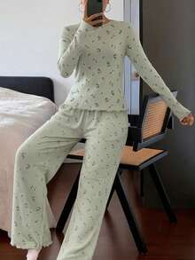 DAZY 女士秋季睡衣套装，2件套，碎花宽松长袖T恤和直筒裤。 - 綠色 - 查看 6
