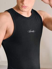 SWAVVY Men's Slim Fit Black Sleeveless Tank Top With Embroidered Logo, Summer - Black - View 2