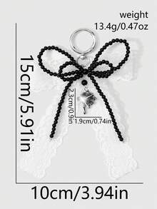ROMWE Kawaii 1 Acessório Personalizado Estilo Gótico Casual Retrô Y2k, Feito à Mão com Contas Pretas de Resina Redonda, Renda Branca Multicamadas, Laço, Strass Líquido Cercando Pingente de Amor, Anel Simples, Chaveiro, Adequado para Uso Diário de Meninas e Mulheres, Presente de Feriado - Preto e Branco-21 - Visão 6