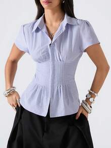 LYSMO 2026 New Arrive Minimalism Spring/Summer Women's Plaid Shoulder Petal Sleeve Ruched Waist Elegant Blouse Women Office Tops Short Sleeve Blouses Business Casual Tops Woman Work Blouse - Yellow - View 8