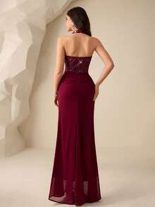 Coutiva Luxury Cocktail Party Dress With Beaded Embellishment, Elegant High-End Glamour - Burgundy - View 2