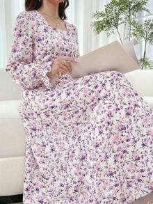 一件少女碎花连衣裙，方领金色蕾丝边，长喇叭袖，及地长款，侧边拼接，春季款 - 彩色 - 查看 7