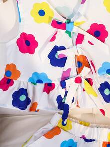 SHEIN 两件套少女碎花V领休闲背心和短裤套装 - 彩色 - 查看 7