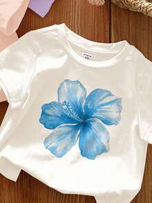 3pcs Chill Vacation Tropical Hibiscus, Frangipani, Starfish & Seashell Beach Print Casual Round Neck Short Sleeve Basic T-Shirts For Young Girls, Suitable For Spring/Summer, White, Pink, Purple - Multicolor - View 3