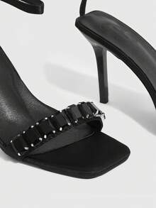 CUCCOO SZL 女士尖头细高跟鞋，优雅、甜美、浪漫的真皮高跟鞋，露趾设计，适合下午茶、约会、时尚派对、工作装扮，风格优雅，百搭基础款，万圣节适用 - 黑色 - 查看 6