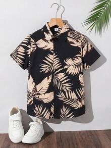 SHEIN 男童休闲条纹印花翻领纽扣短袖梭织衬衫 - 黑色 - 查看 3