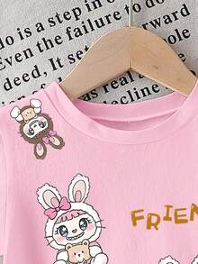 T-shirt à manches courtes décontracté et confortable pour bébé fille, avec un design adorable de lapin en motif, léger et respirant, convient pour le printemps et l'été, mode streetwear, extérieur, école, fête, cadeau - Rose bonbon - Voir 3