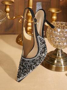 CUCCOO TILAWA Women's Rhinestone Pointed Toe High Heel Shoes, Fashionable Ankle Strap Dress Shoes Suitable For Parties And Banquets - Black - View 6