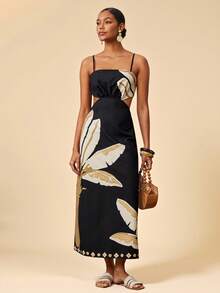 Travachic Elegant Floral Print Hollow Out Casual Vacation Slip Dress - Black - View 1