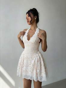 Aloruh 女士深V领蕾丝侧褶迷你连衣裙，适合婚礼季、春夏穿着 - 白色 - 查看 5