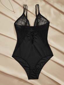 Charlaine Black Lace Patchwork Criss-Cross Sheer Deep V Romantic French Style Elegant Women's Lingerie Jumpsuit Lingerie For Women Bodysuit Bodysuit For Ladies Push Up Bodysuit - Black - View 8