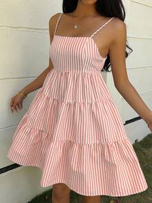 MainGRL Đầm hai dây dệt kim kẻ sọc màu cam, đầm mùa hè dành cho nữ. - trái cam - Xem 4