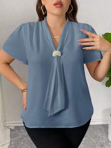 Firerie Plus Size Elegant Beaded Decor Blouse For Summer - Dusty Blue - View 11