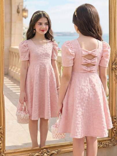 SHEIN Elladie kids Girls' Pink Jacquard Fabric Solid Color Short Sleeve Dress, Sweet And Youthful, Puff Sleeve, Bowknot Design, Fashionable And Retro, Elegant And Princess Dress