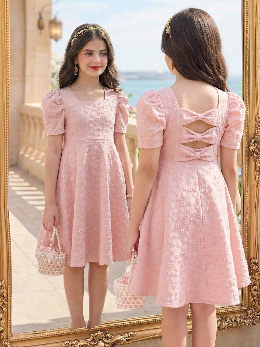 SHEIN Elladie kids Robe à manches courtes unie en jacquard rose pour fille, style doux et frais, manches bouffantes, nœud papillon, à la mode et rétro, élégante et princesse - Rose bonbon - Voir 1