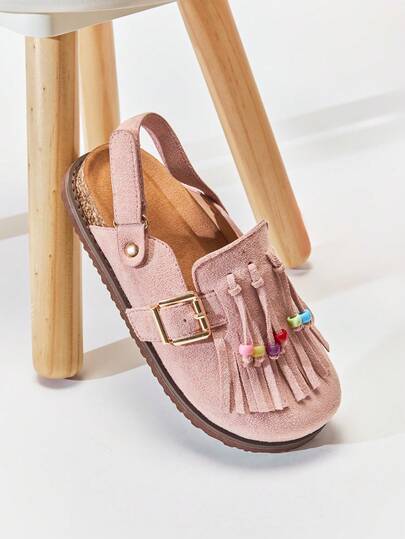 Mini mi #甜美公主 女童流苏串珠装饰软底粉色绒面革露跟木屐，轻盈EVA外底——可爱、舒适又温暖