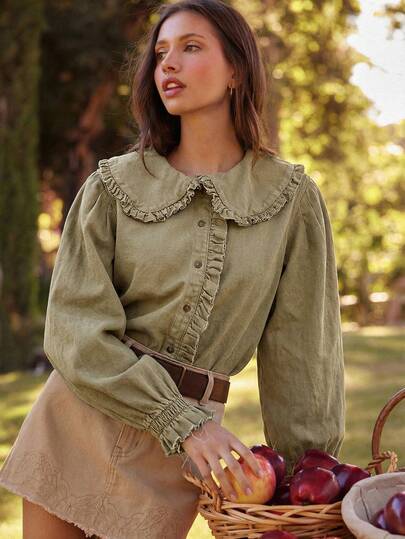 WESTFADE Cotton Blend Chambray Ruffle Collar Long Sleeve Button Up Shirt Cute Fall Tops, Country Concert, Autumn, Winter, Boho, Casual, Cute