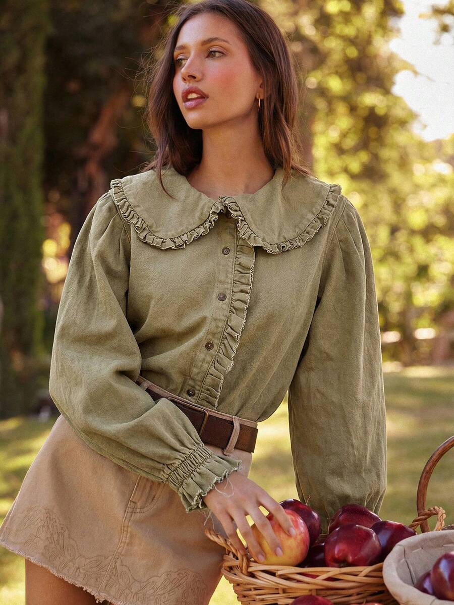 WESTFADE Cotton Blend Chambray Ruffle Collar Long Sleeve Button Up Shirt Cute Fall Tops, Country Concert, Autumn, Winter, Boho, Casual, Cute - Olive Green - View 1