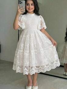 SHEIN 女童米色高领蕾丝刺绣短袖中长公主裙，适合生日派对、花童、正式场合 - 彩色 - 查看 3