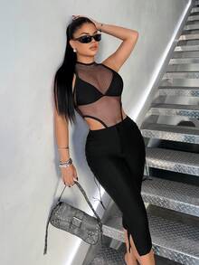 SHEIN SXY Women's Sexy Mesh Sheer High-Cut Hem Bodysuit, Summer - Black - View 4