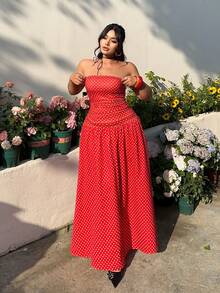 GalTyme 大码优雅波点印花无肩带连衣裙，夏季 - 紅色 - 查看 4