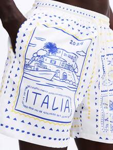 SUMWON Quần short đi biển nam màu trắng in hình bưu thiếp du lịch Ý với họa tiết Amalfi Italia, thích hợp cho kỳ nghỉ hè. - Vàng nhạt - Xem 5