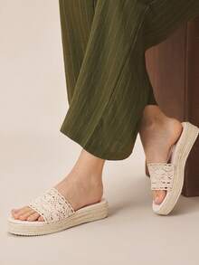 Styleloop 女士编织绳坡跟凉鞋，度假风波西米亚复古美式西部音乐节派对厚底鞋 - 杏色6 - 查看 5