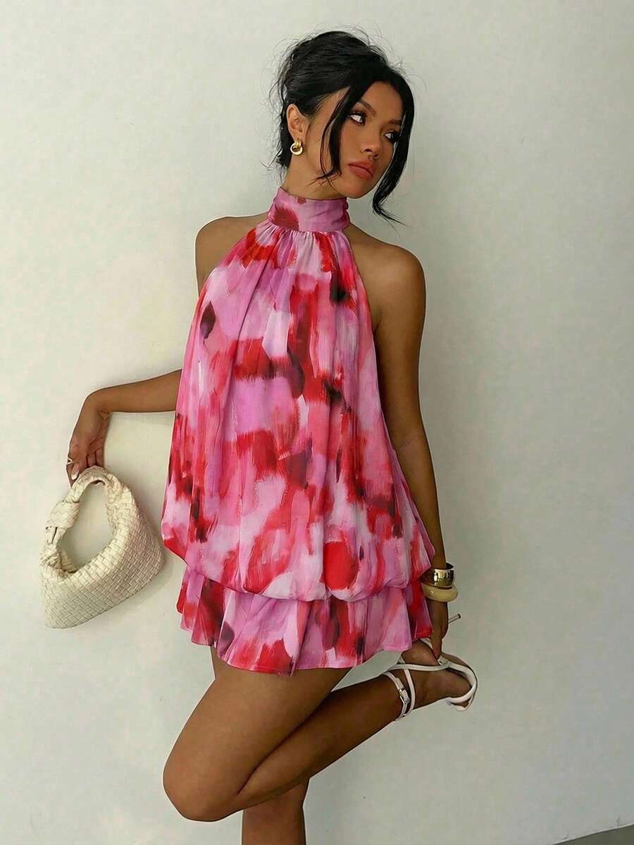 Aloruh 女士优雅粉色笔触露背系带迷你连衣裙，女士约会连衣裙，女士夜间外出连衣裙，女士夏季连衣裙，女士蜜月套装，女士婚礼宾客连衣裙，海岛度假套装，女士婚礼宾客连衣裙，女士吊带裙，女士优雅派对连衣裙，女士生日连衣裙，女士情人节连衣裙