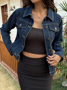 DAZY Women's Slim Fit Solid Color Denim Jacket, Suitable For Summer Vacation Y2k - Medium Wash - View 3