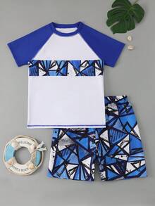 男童两件式防晒泳衣，青少年男孩度假短袖防晒泳装套装，12-16岁 - 彩色 - 查看 3