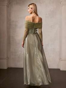 MOTF PREMIUM Đầm maxi dự tiệc thanh lịch dành cho nữ, hở vai với đường viền cổ xếp nếp và dây buộc điều chỉnh phía sau, chân váy chữ A rộng rãi dài đến sàn, chất liệu bóng mượt, ôm sát cơ thể, thích hợp cho các sự kiện buổi tối và lễ kỷ niệm trang trọng, trang phục mùa xuân hè. - Màu xanh Ô liu - Xem 4