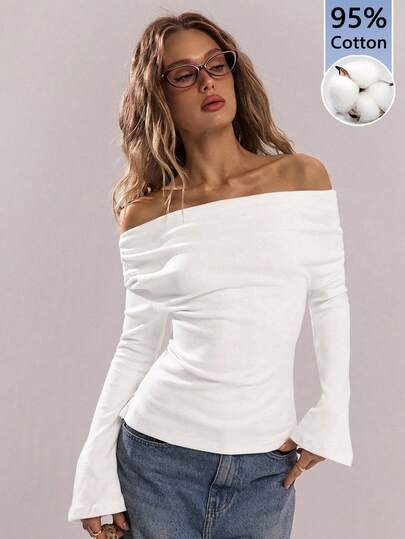 SHEIN BAE 95% Cotton White Asymmetric Neckline Pleated Long-Sleeve T-Shirt For Women – Elegant Bohemian Casual Summer Western Festival Street Style Casual Outings Island Girl Vintage Seaside Vacation Romantic Vacay Vibes Spring Break Home Soft Girl Clean Girl Vacation Beach Cruise Boho Music Festival Concert Wedding Guest City Trip Holiday Wear Spring Summer