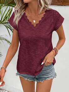 SHEIN Frenchy Casual Solid Color Lace Patchwork V-Neck Short Sleeve T-Shirt,Summer Top - Burgundy - View 3