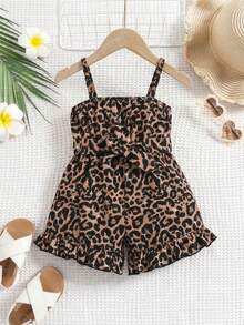 SHEIN 女婴豹纹荷叶边吊带连体衣 - 綠色 - 查看 1