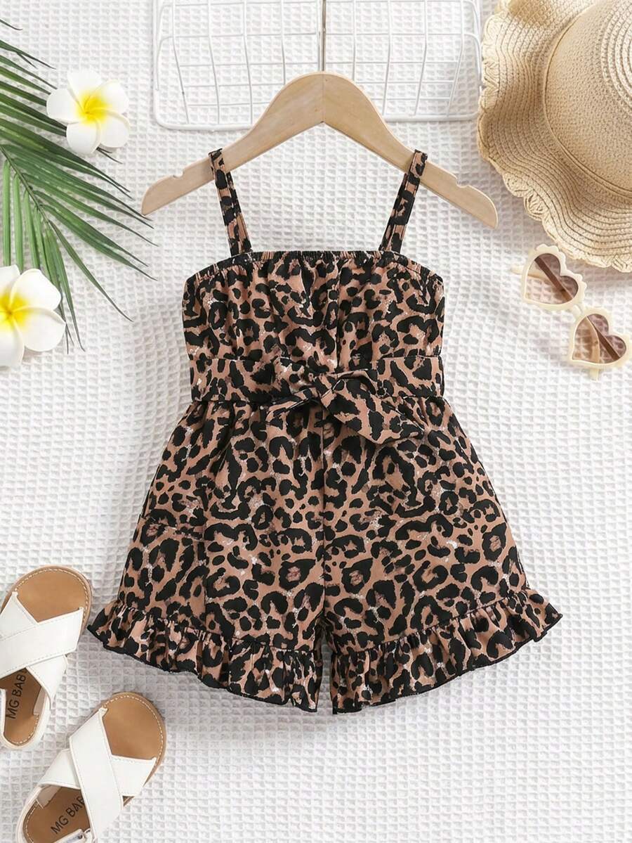 SHEIN 女婴豹纹荷叶边吊带连体衣 - 綠色 - 查看 1