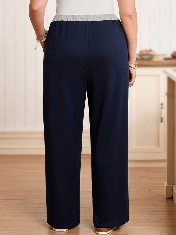 Plus Size Contrast Color Elastic Waist Pocket Casual Loose Straight Pants Spring Breaks Casual For Women Navy Blue Pants Elastic Waist Palazzo Pants