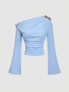 SHEIN MOD 女士纯色斜肩3D立体花卉装饰褶皱休闲百搭日常长袖T恤 - 藍色 - 查看 5