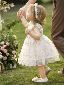 SHEIN Vestido elegante y lindo para bebé niña con bordado floral y decoración de lazo de malla - Albaricoque - Ver 7