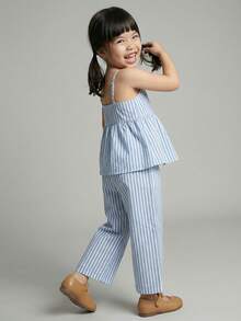 Maija Kids 女童蓝白条纹编织吊带背心和裤子休闲可爱套装 - 藍白色 - 查看 2